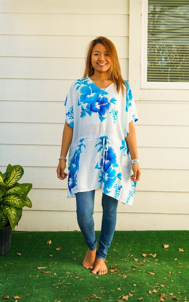 Blue White Hibiscus Bliss Kaftan Blouse Tunic