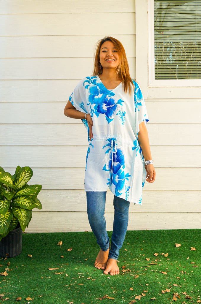 Blue White Hibiscus Bliss Kaftan Blouse Tunic