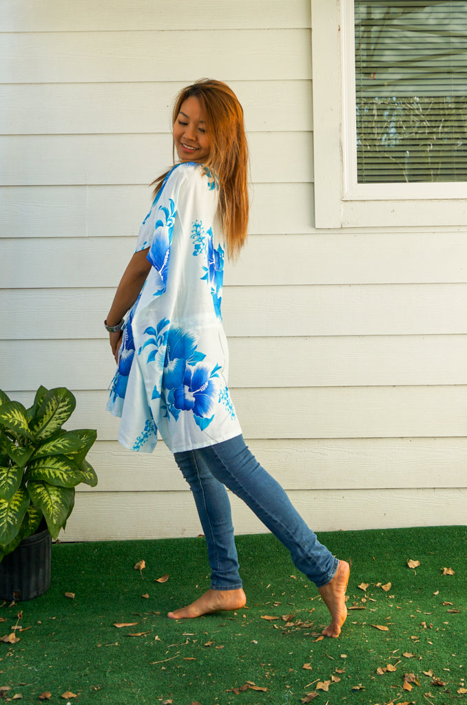 Blue White Hibiscus Bliss Kaftan Blouse Tunic