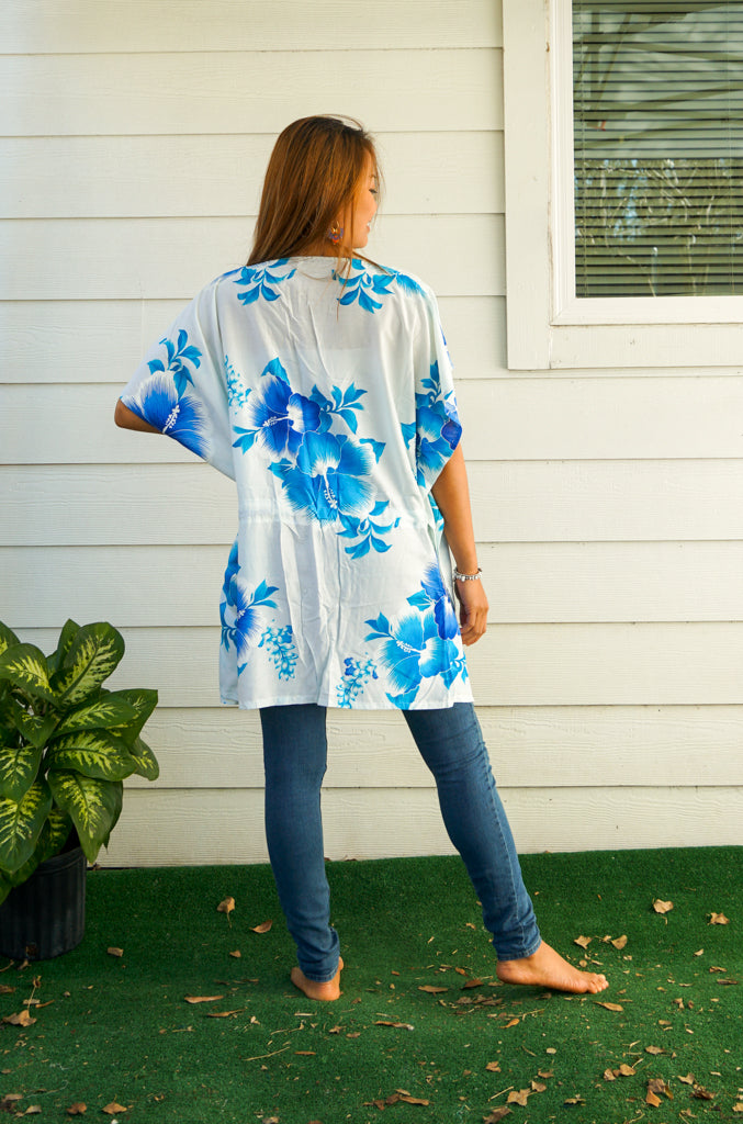 Blue White Hibiscus Bliss Kaftan Blouse Tunic