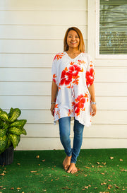 Orange White Hibiscus Bliss Kaftan Blouse Tunic