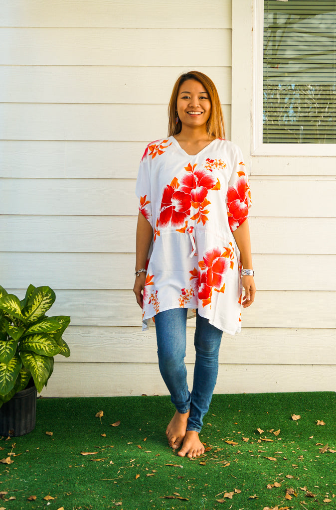 Orange White Hibiscus Bliss Kaftan Blouse Tunic