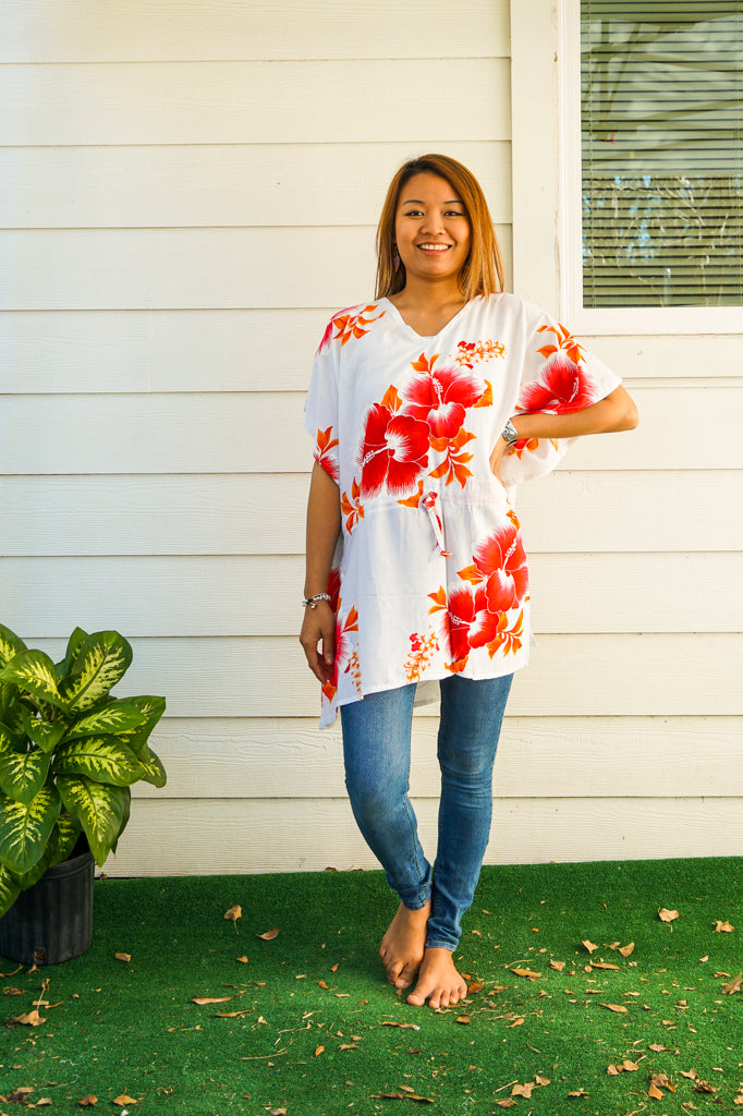 Orange White Hibiscus Bliss Kaftan Blouse Tunic