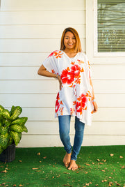 Orange White Hibiscus Bliss Kaftan Blouse Tunic