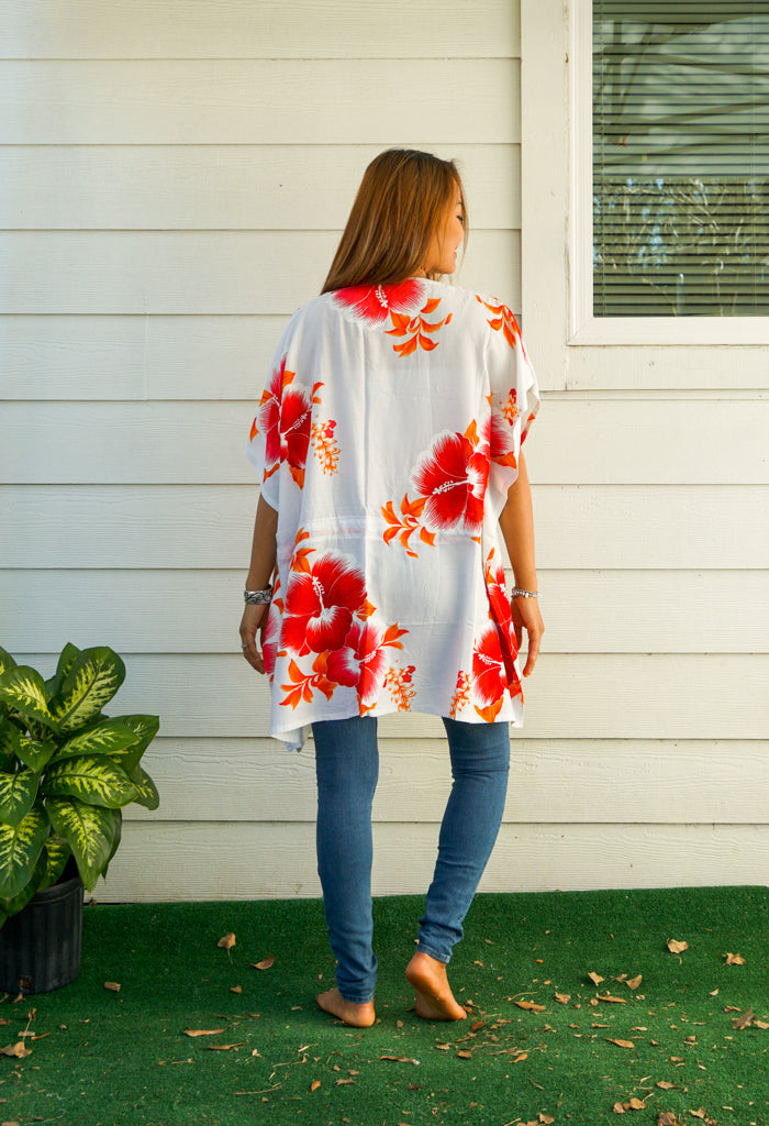 Orange White Hibiscus Bliss Kaftan Blouse Tunic