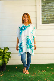 Aqua White Hibiscus Bliss Kaftan Blouse Tunic