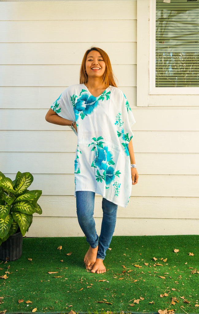 Aqua White Hibiscus Bliss Kaftan Blouse Tunic