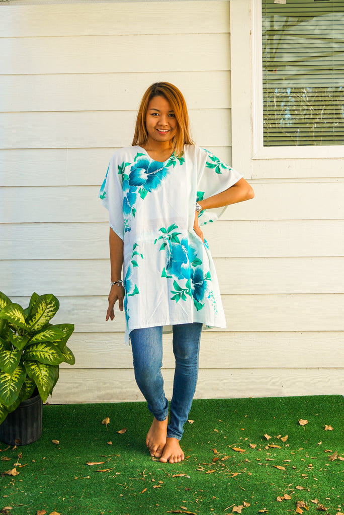 Aqua White Hibiscus Bliss Kaftan Blouse Tunic