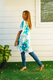 Aqua White Hibiscus Bliss Kaftan Blouse Tunic