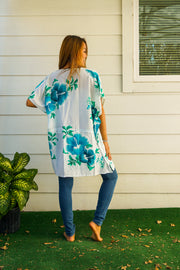 Aqua White Hibiscus Bliss Kaftan Blouse Tunic