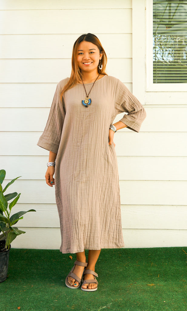 Beige Double Gauze Cotton Dress with Pockets