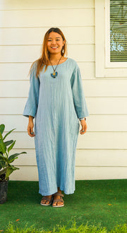 Sky Blue Double Gauze Cotton Dress with Pockets