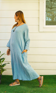 Sky Blue Double Gauze Cotton Dress with Pockets