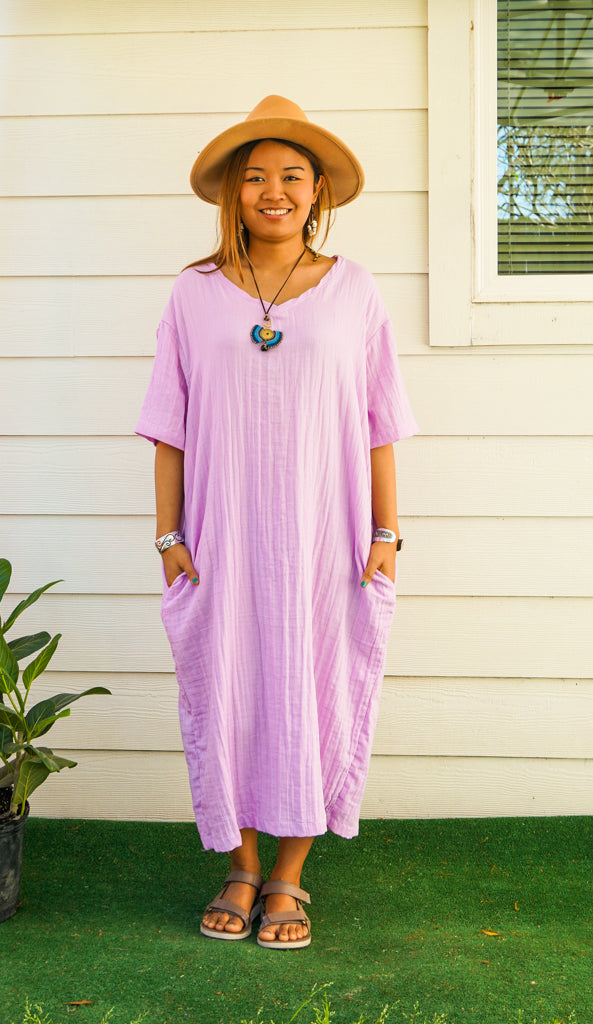 Lavender Double Gauze Cotton Dress with Pockets