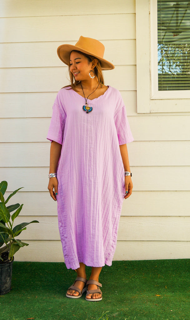 Lavender Double Gauze Cotton Dress with Pockets