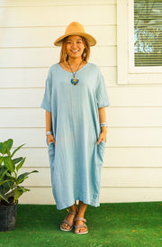 Sky Blue Double Gauze Cotton Dress with Pockets