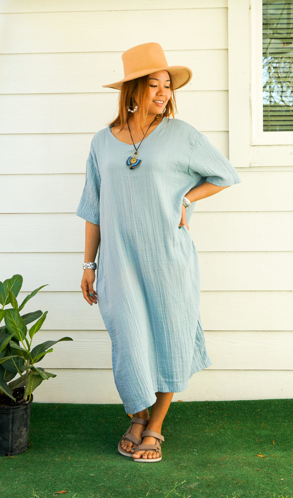 Sky Blue Double Gauze Cotton Dress with Pockets