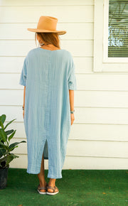 Sky Blue Double Gauze Cotton Dress with Pockets