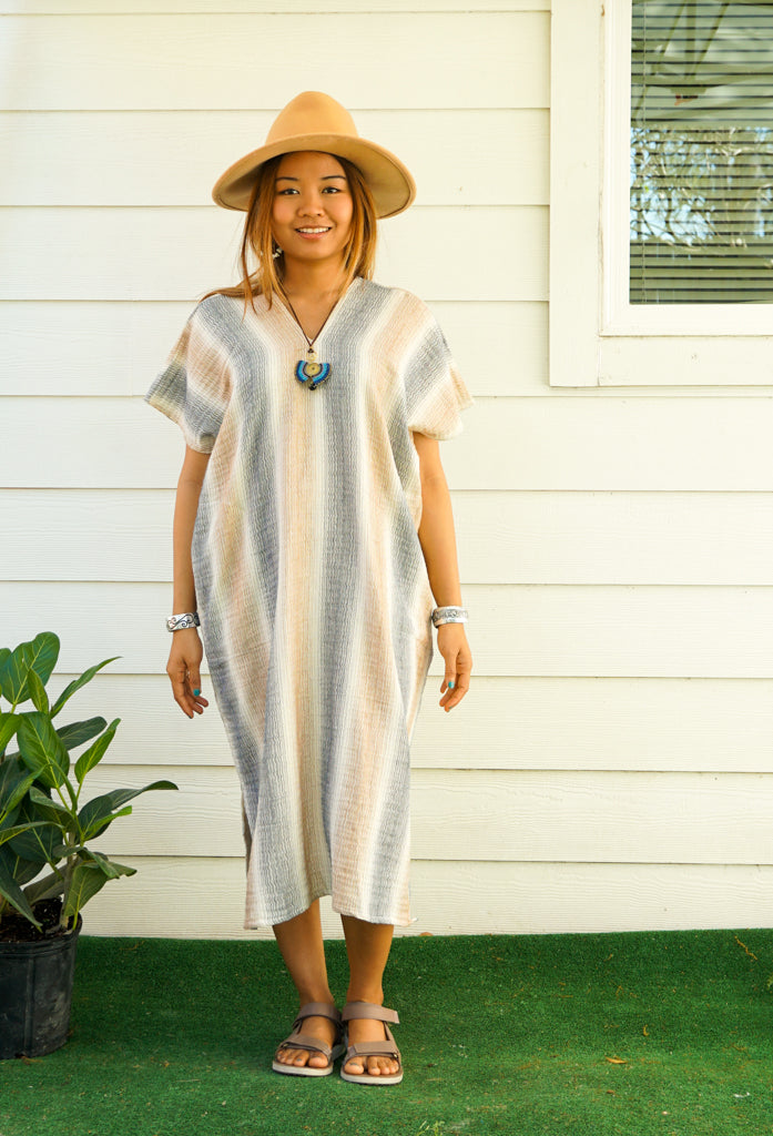 Brown Striped Double Gauze Cotton Dress with Pockets