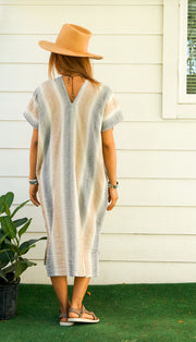 Brown Striped Double Gauze Cotton Dress with Pockets