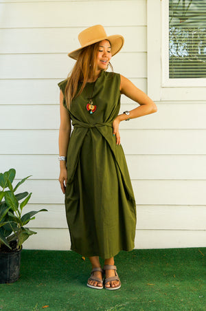 Olive Green Organic Cotton Wrap Dress
