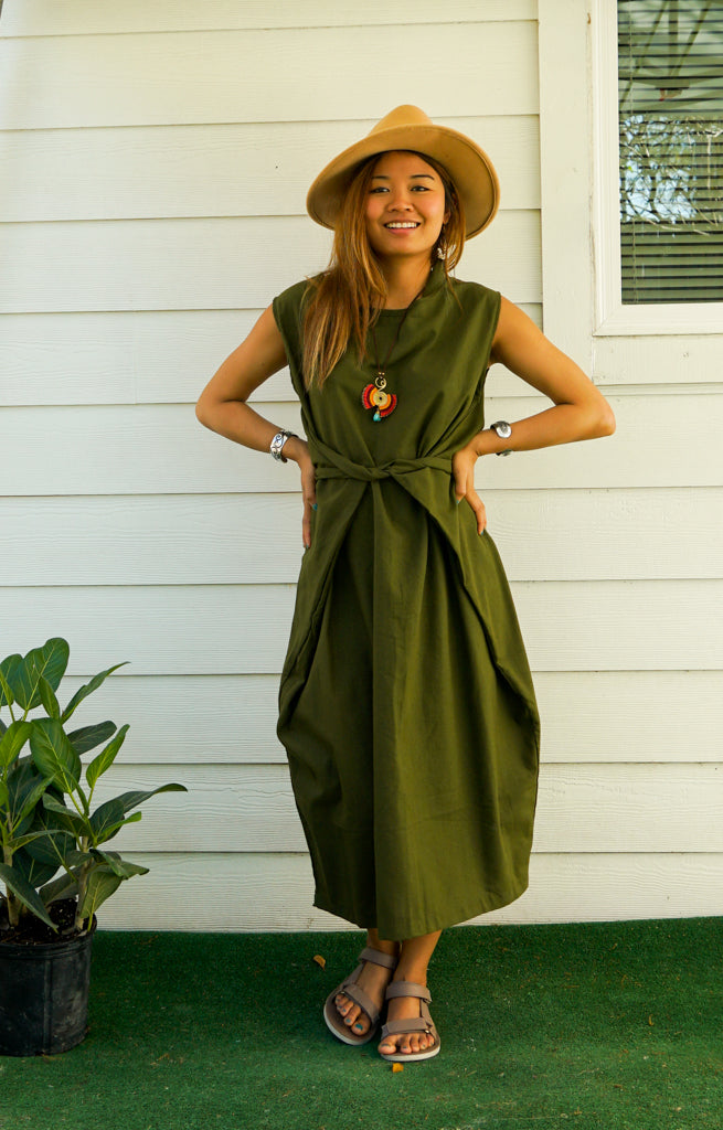 Olive Green Organic Cotton Wrap Dress