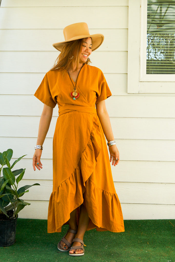 Mustard Yellow Organic Cotton Wrap Dress