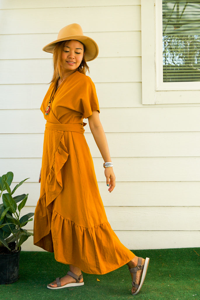 Mustard Yellow Organic Cotton Wrap Dress