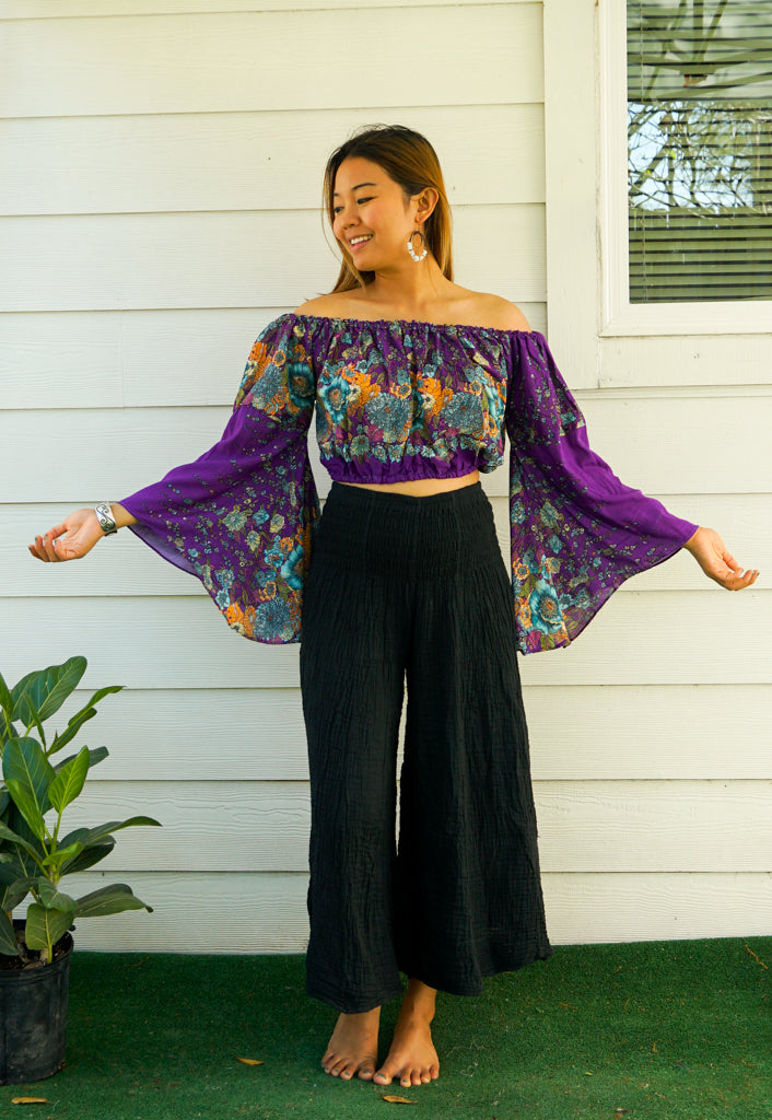 Purple Floral Bell Sleeves Top