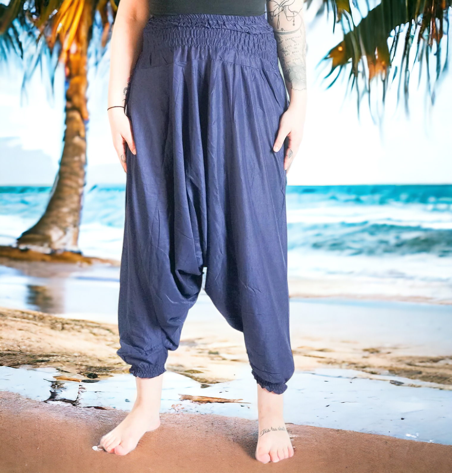 Solid Dark Blue Low Cut Harem Pants