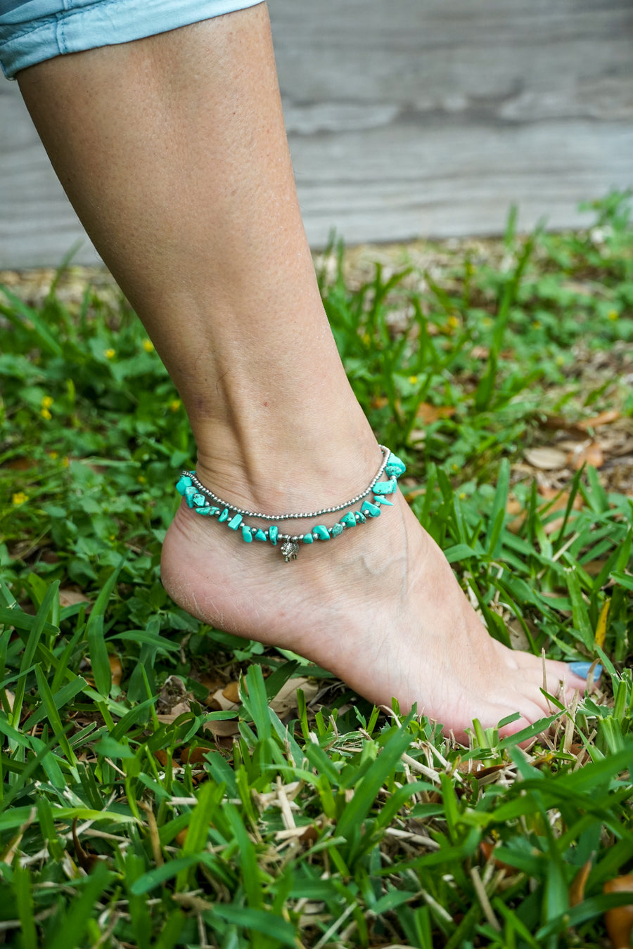 Elephant Turquoise Stones Boho Silver Anklet