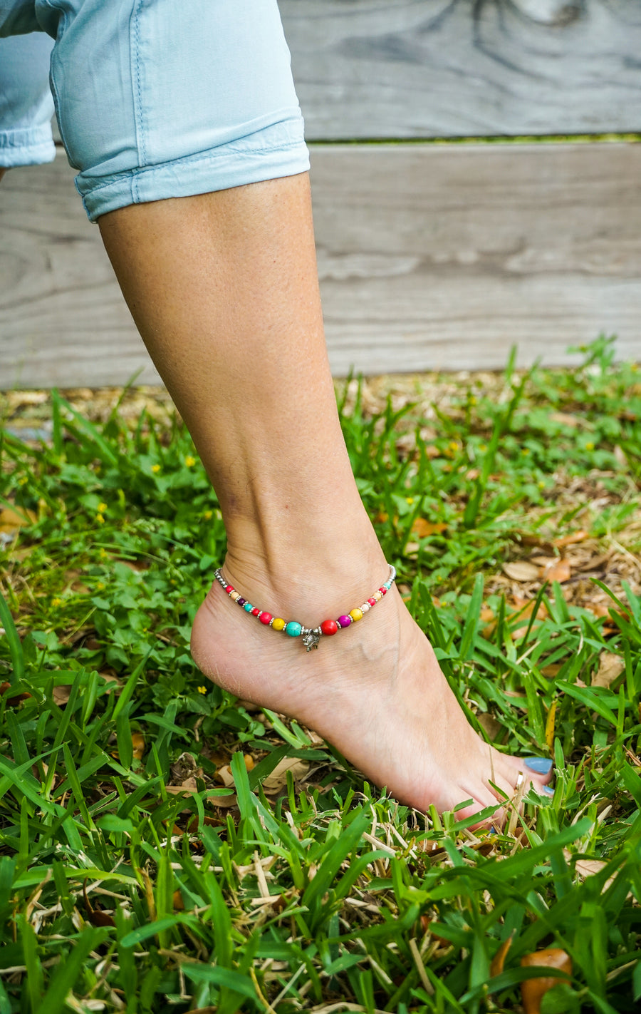 Elephant Multicolor Boho Silver Anklet