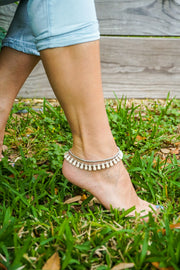 Double Strand Dangling White Turquoise Boho Silver Anklet