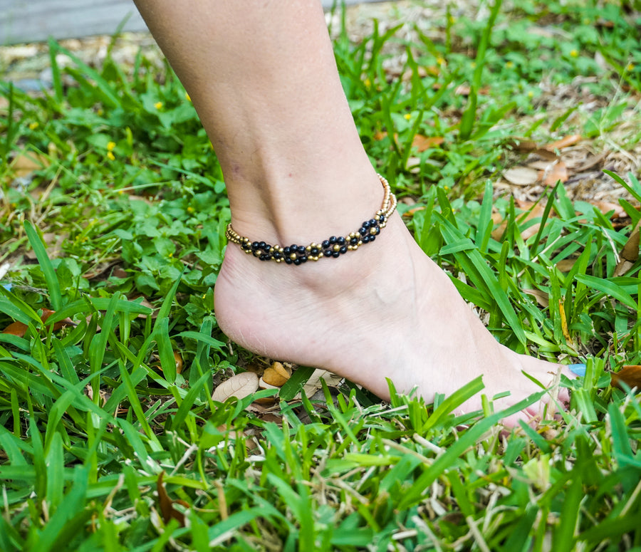 Black Onyx Floral Golden Brass Boho Anklet