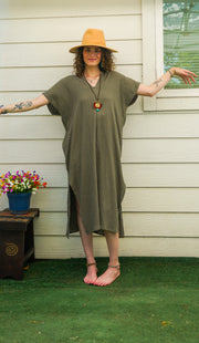 Olive Green Raw Double Gauze Crinkled Cotton Kaftan Dress