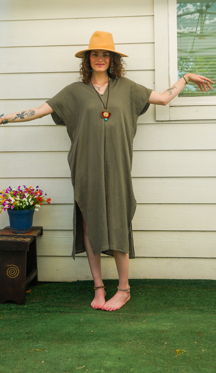 Olive Green Raw Double Gauze Crinkled Cotton Kaftan Dress