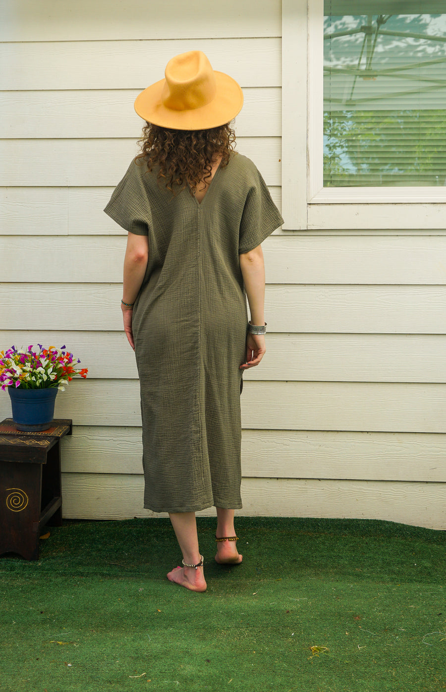 Olive Green Raw Double Gauze Crinkled Cotton Kaftan Dress