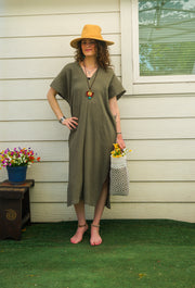 Olive Green Raw Double Gauze Crinkled Cotton Kaftan Dress