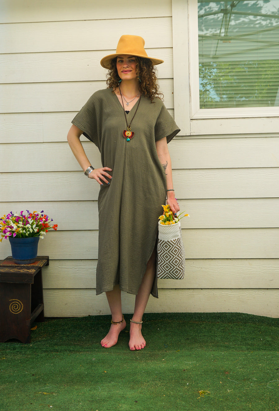Olive Green Raw Double Gauze Crinkled Cotton Kaftan Dress