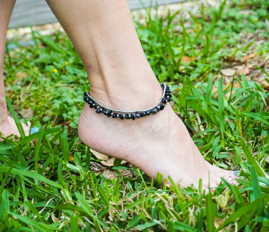 Black Onyx Stones Boho Silver Anklet