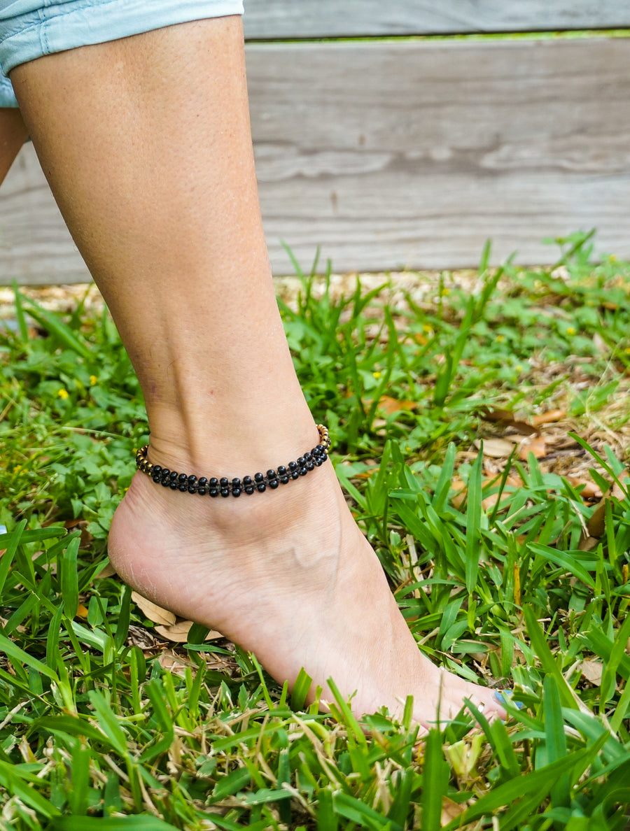 Double Layered Black Onyx Golden Brass Boho Anklet