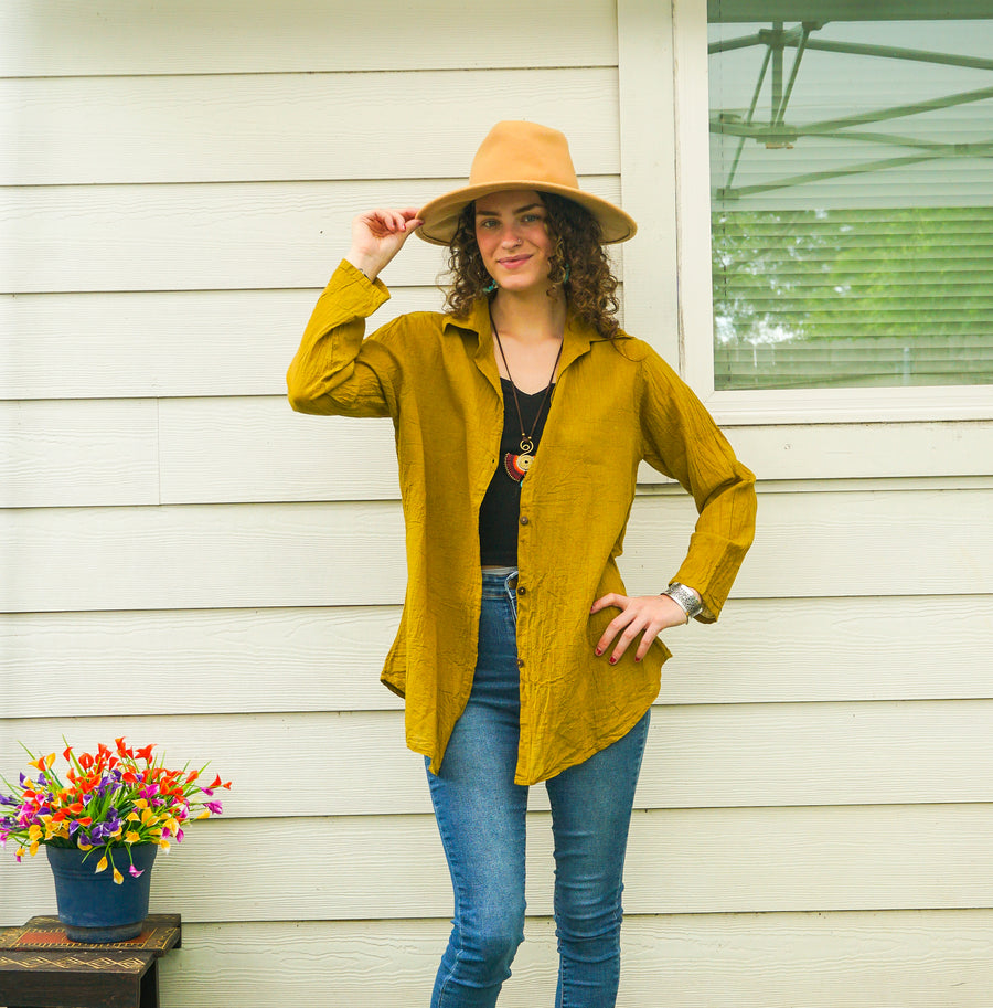 Mustard Yellow Raw Cotton Gauze Long Sleeve Boho Minimalist Blouse