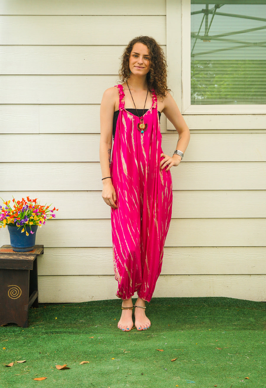 Wild Raspberry Hand Dyed Dungarees Overalls Jumpsuit with Pockets