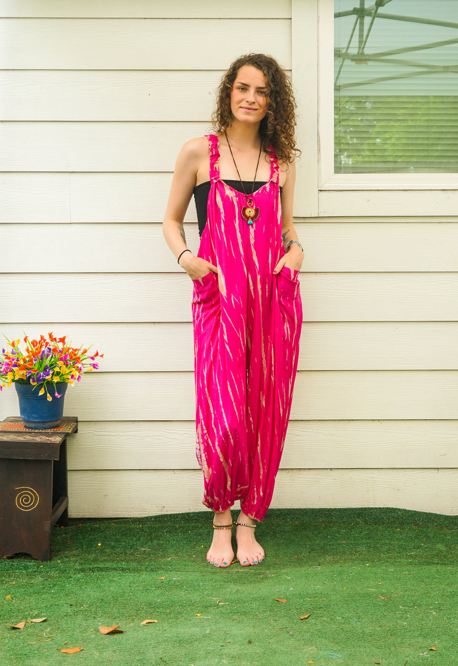 Wild Raspberry Hand Dyed Dungarees Overalls Jumpsuit with Pockets