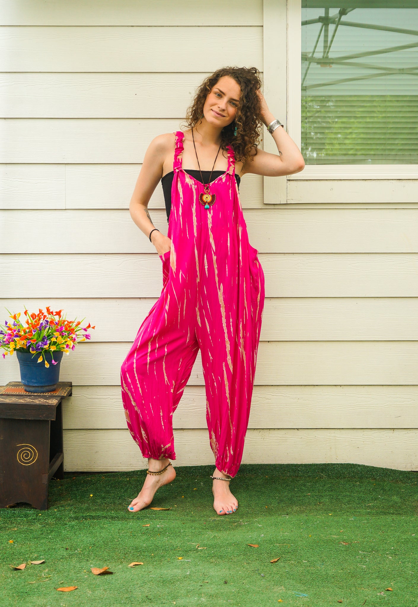 Wild Raspberry Hand Dyed Dungarees Overalls Jumpsuit with Pockets