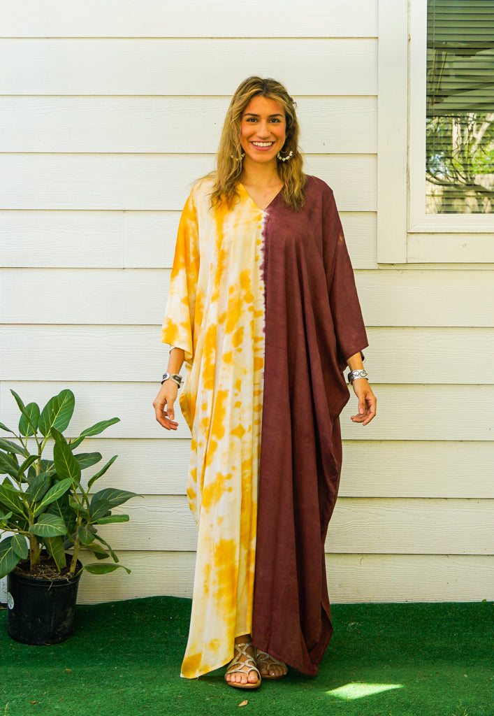 Brown Yellow Two Tone Hand Dyed Kaftan Dress