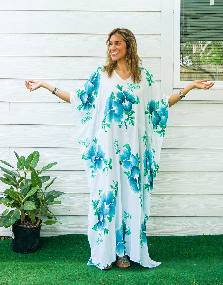 Teal and White Hibiscus Kaftan