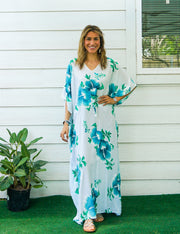 Teal and White Hibiscus Kaftan