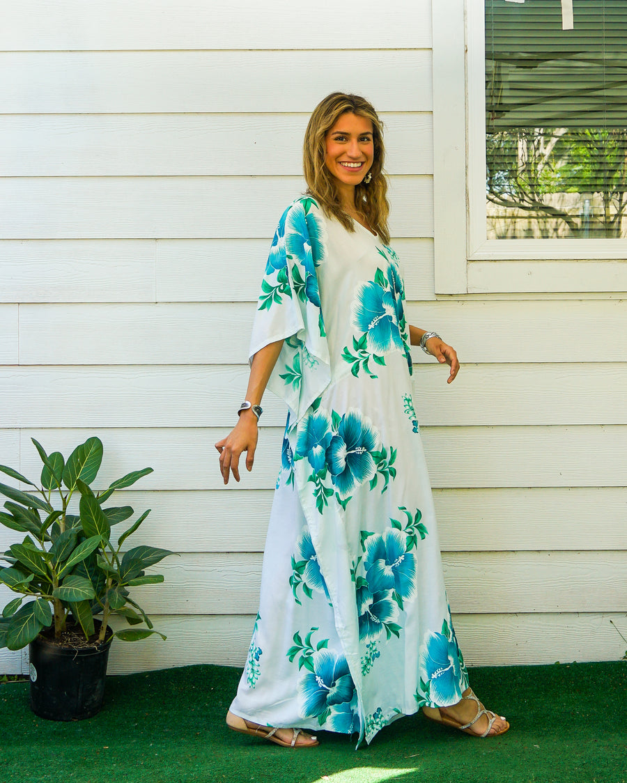 Teal and White Hibiscus Kaftan