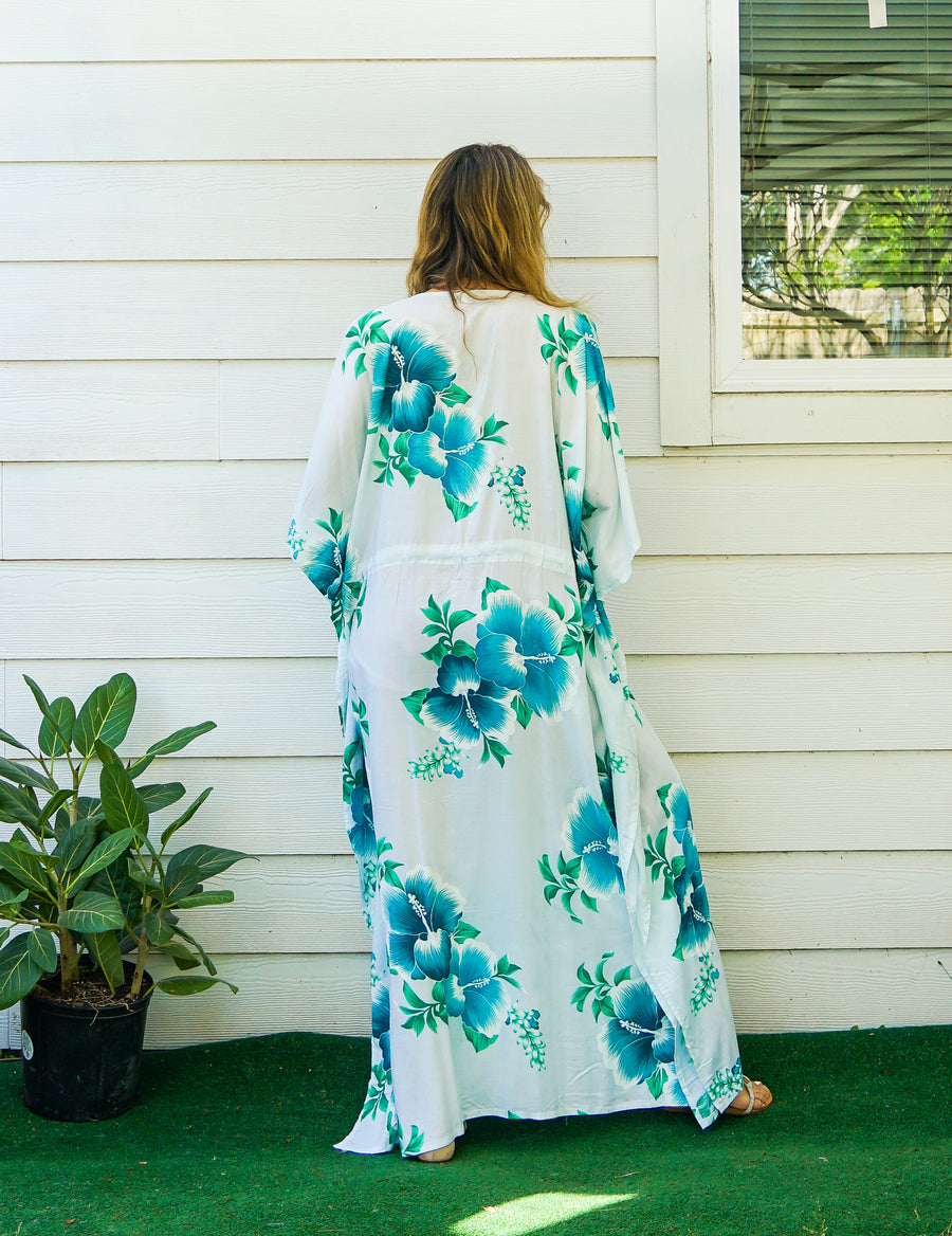 Teal and White Hibiscus Kaftan